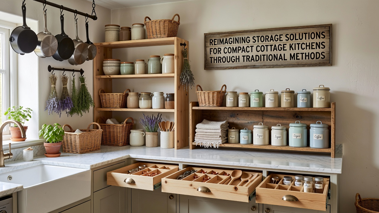 Close-up of woven baskets and ceramic jars stored on reclaimed wood shelves in a cottage kitchen