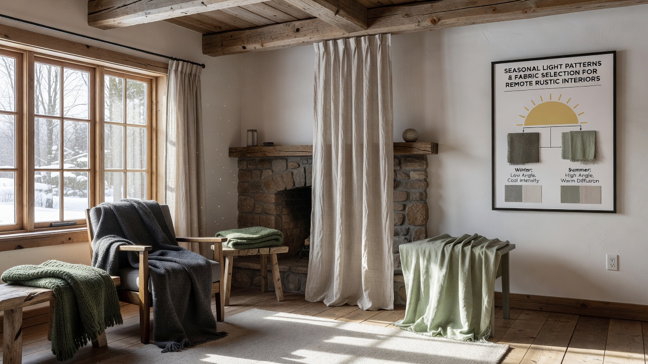 Rustic cabin interior showing varied fabric textures under changing seasonal light